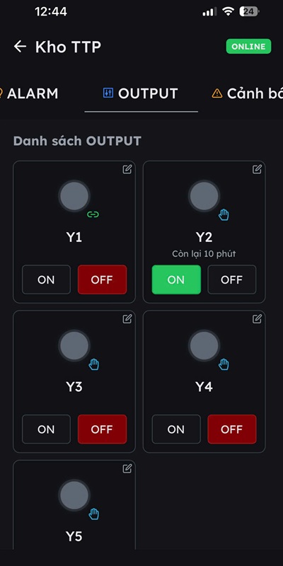 theo dõi OUTPUT cảnh báo nhiệt độ qua App TTPSCADA điện thoại